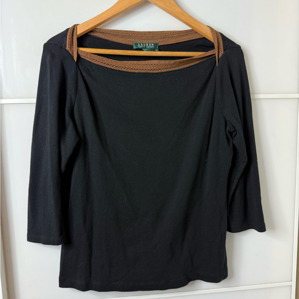 Polo Ralph Lauren Women’s Black Top shirt Blouse Boatneck with Brown Trim Size L